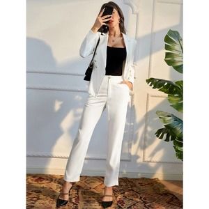 2 piece pantsuit: white Double Breasted Lapel Collar Blazer & Pants ivory